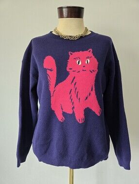 Compania Fantastica Spain Pink Cat Knit Navy Pullover Sweater. Size Small